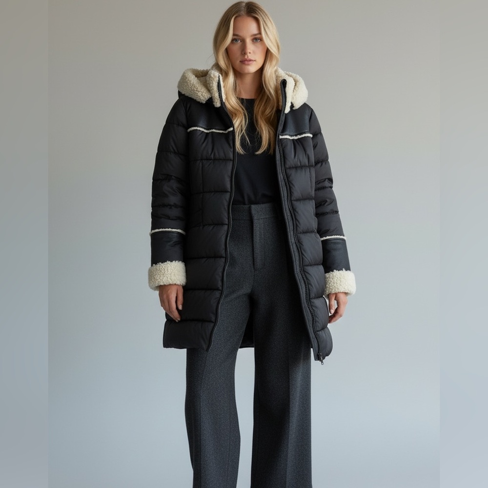 Tahari Demi Faux Leather Trim Black Sherpa Puffer Hooded Jacket NEW Large $360